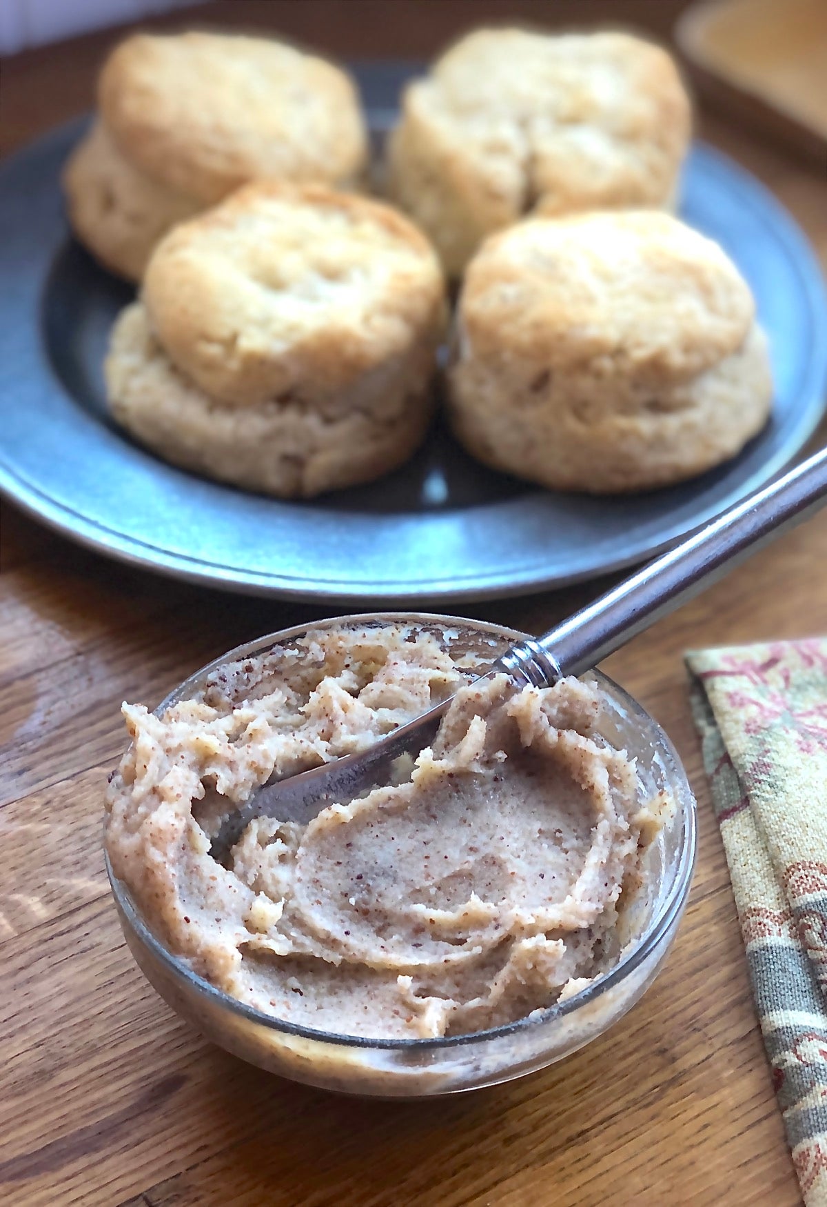 Brown butter in a bowl, chilled in the refrigerator to make it solid.